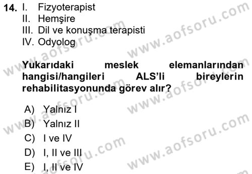 Yaşlılıkta Nörolojik Temelli Durumların Bakım ve Rehabilitasyonu Dersi 2021 - 2022 Yılı Yaz Okulu Sınav Soruları 14. Soru
