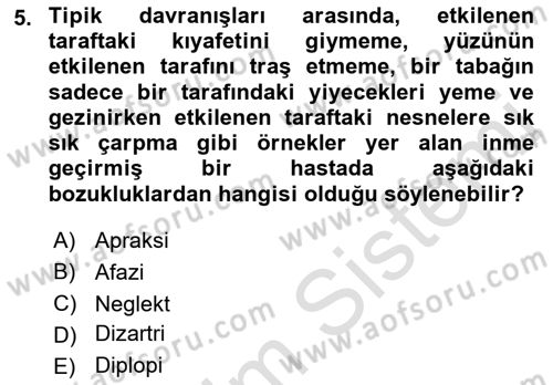 Yaşlılıkta Nörolojik Temelli Durumların Bakım ve Rehabilitasyonu Dersi 2021 - 2022 Yılı Yaz Okulu Sınav Soruları 5. Soru