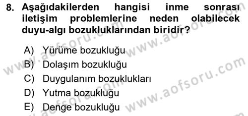 Yaşlılıkta Nörolojik Temelli Durumların Bakım ve Rehabilitasyonu Dersi 2022 - 2023 Yılı (Vize) Ara Sınav Soruları 8. Soru