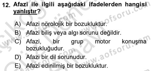 Yaşlılıkta Nörolojik Temelli Durumların Bakım ve Rehabilitasyonu Dersi 2022 - 2023 Yılı (Final) Dönem Sonu Sınav Soruları 12. Soru