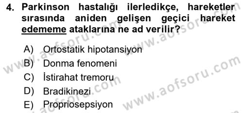 Yaşlılıkta Nörolojik Temelli Durumların Bakım ve Rehabilitasyonu Dersi 2022 - 2023 Yılı (Final) Dönem Sonu Sınav Soruları 4. Soru