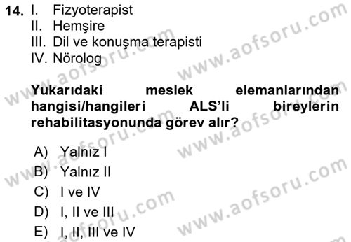 Yaşlılıkta Nörolojik Temelli Durumların Bakım ve Rehabilitasyonu Dersi 2022 - 2023 Yılı Yaz Okulu Sınav Soruları 14. Soru