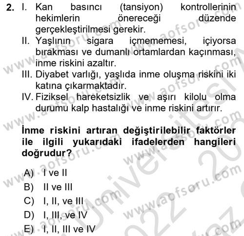Yaşlılıkta Nörolojik Temelli Durumların Bakım ve Rehabilitasyonu Dersi 2022 - 2023 Yılı Yaz Okulu Sınav Soruları 2. Soru