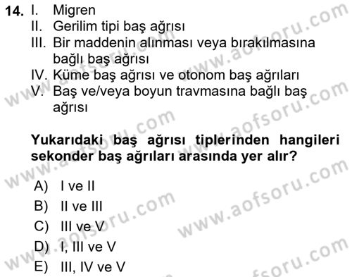 Yaşlılıkta Nörolojik Temelli Durumların Bakım ve Rehabilitasyonu Dersi 2023 - 2024 Yılı (Final) Dönem Sonu Sınav Soruları 14. Soru