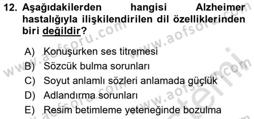Yaşlılıkta Nörolojik Temelli Durumların Bakım ve Rehabilitasyonu Dersi 2024 - 2025 Yılı (Final) Dönem Sonu Sınav Soruları 12. Soru