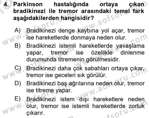 Yaşlılıkta Nörolojik Temelli Durumların Bakım ve Rehabilitasyonu Dersi 2024 - 2025 Yılı (Final) Dönem Sonu Sınav Soruları 4. Soru