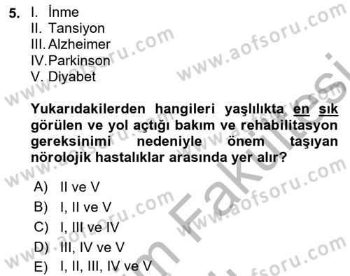 Yaşlılıkta Nörolojik Temelli Durumların Bakım ve Rehabilitasyonu Dersi 2025 - 2026 Yılı (Vize) Ara Sınav Soruları 5. Soru