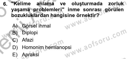 Yaşlılıkta Nörolojik Temelli Durumların Bakım ve Rehabilitasyonu Dersi 2025 - 2026 Yılı (Vize) Ara Sınav Soruları 6. Soru