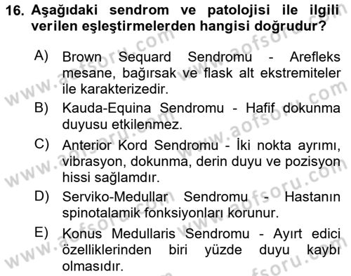 Ortopedik Rehabilitasyon Dersi 2020 - 2021 Yılı Yaz Okulu Sınav Soruları 16. Soru