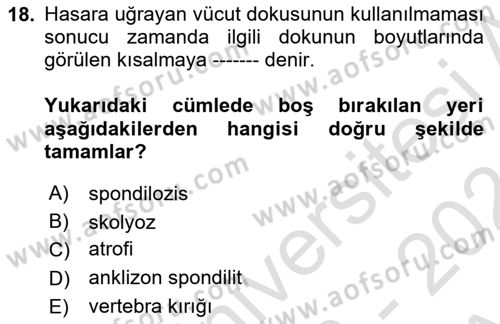 Ortopedik Rehabilitasyon Dersi 2023 - 2024 Yılı (Vize) Ara Sınav Soruları 18. Soru
