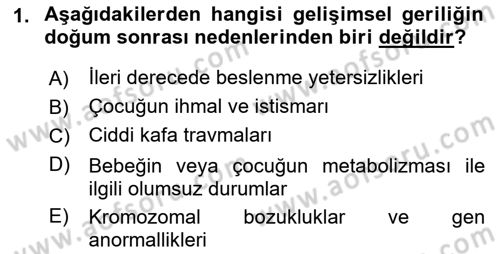 Gelişimsel Yetersizliklerin Bakım ve Rehabilitasyonu Dersi 2018 - 2019 Yılı (Vize) Ara Sınav Soruları 1. Soru