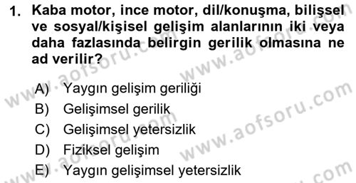 Gelişimsel Yetersizliklerin Bakım ve Rehabilitasyonu Dersi 2018 - 2019 Yılı Yaz Okulu Sınav Soruları 1. Soru