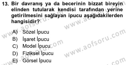 Gelişimsel Yetersizliklerin Bakım ve Rehabilitasyonu Dersi 2018 - 2019 Yılı Yaz Okulu Sınav Soruları 13. Soru