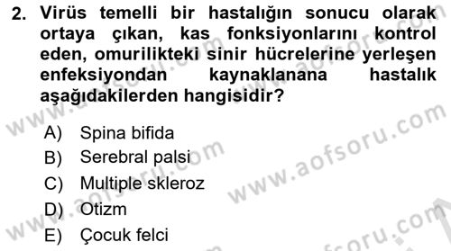 Gelişimsel Yetersizliklerin Bakım ve Rehabilitasyonu Dersi 2021 - 2022 Yılı Yaz Okulu Sınav Soruları 2. Soru