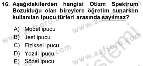 Gelişimsel Yetersizliklerin Bakım ve Rehabilitasyonu Dersi 2022 - 2023 Yılı Yaz Okulu Sınav Soruları 16. Soru