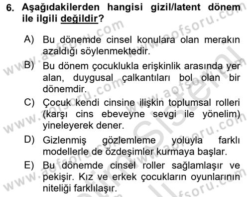 Gelişimsel Yetersizliklerin Bakım ve Rehabilitasyonu Dersi 2022 - 2023 Yılı Yaz Okulu Sınav Soruları 6. Soru