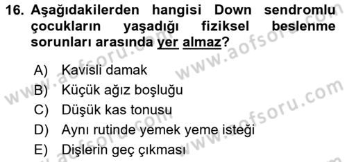 Gelişimsel Yetersizliklerin Bakım ve Rehabilitasyonu Dersi 2023 - 2024 Yılı (Vize) Ara Sınav Soruları 16. Soru