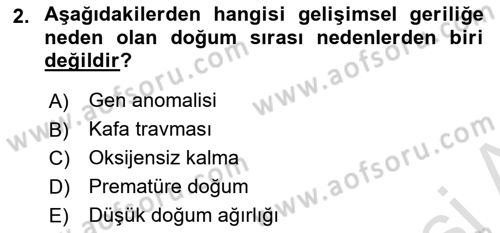 Gelişimsel Yetersizliklerin Bakım ve Rehabilitasyonu Dersi 2023 - 2024 Yılı (Vize) Ara Sınav Soruları 2. Soru