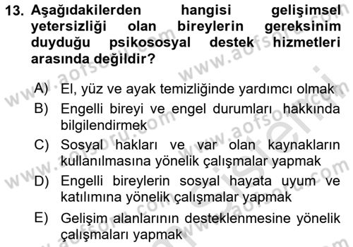Gelişimsel Yetersizliklerin Bakım ve Rehabilitasyonu Dersi 2023 - 2024 Yılı Yaz Okulu Sınav Soruları 13. Soru