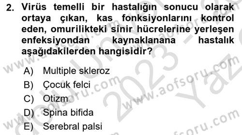 Gelişimsel Yetersizliklerin Bakım ve Rehabilitasyonu Dersi 2023 - 2024 Yılı Yaz Okulu Sınav Soruları 2. Soru
