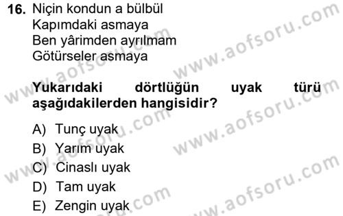 Halk Edebiyatına Giriş 1 Dersi 2012 - 2013 Yılı (Vize) Ara Sınav Soruları 16. Soru