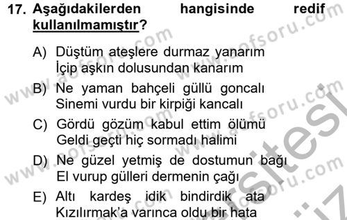 Halk Edebiyatına Giriş 1 Dersi Ara Sınavı Deneme Sınav Soruları 17. Soru