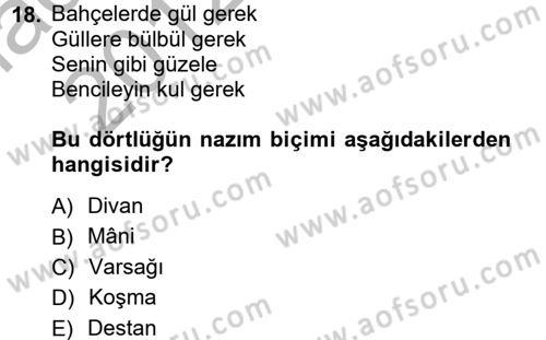 Halk Edebiyatına Giriş 1 Dersi Ara Sınavı Deneme Sınav Soruları 18. Soru