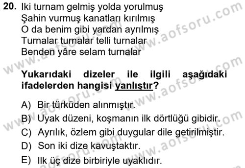 Halk Edebiyatına Giriş 1 Dersi 2012 - 2013 Yılı (Vize) Ara Sınav Soruları 20. Soru