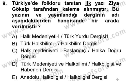 Halk Edebiyatına Giriş 1 Dersi Ara Sınavı Deneme Sınav Soruları 9. Soru