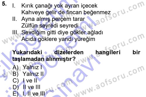 Halk Edebiyatına Giriş 1 Dersi 2012 - 2013 Yılı (Final) Dönem Sonu Sınav Soruları 5. Soru