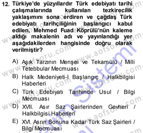 Halk Edebiyatına Giriş 1 Dersi Ara Sınavı Deneme Sınav Soruları 12. Soru