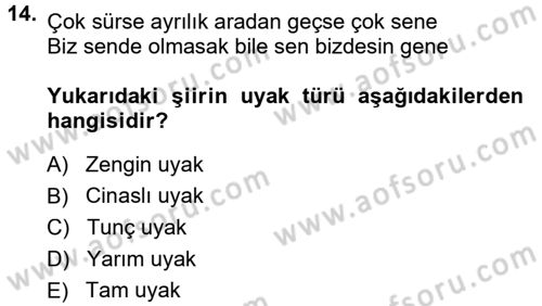 Halk Edebiyatına Giriş 1 Dersi Ara Sınavı Deneme Sınav Soruları 14. Soru