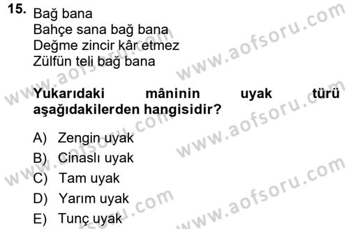 Halk Edebiyatına Giriş 1 Dersi Ara Sınavı Deneme Sınav Soruları 15. Soru