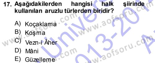 Halk Edebiyatına Giriş 1 Dersi 2013 - 2014 Yılı (Vize) Ara Sınav Soruları 17. Soru