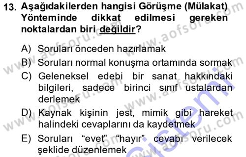 Halk Edebiyatına Giriş 1 Dersi Ara Sınavı Deneme Sınav Soruları 13. Soru