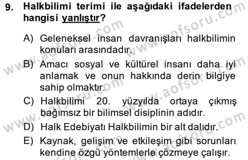 Halk Edebiyatına Giriş 1 Dersi Ara Sınavı Deneme Sınav Soruları 9. Soru