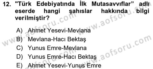 Halk Edebiyatına Giriş 1 Dersi Ara Sınavı Deneme Sınav Soruları 12. Soru