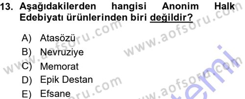 Halk Edebiyatına Giriş 1 Dersi Ara Sınavı Deneme Sınav Soruları 13. Soru