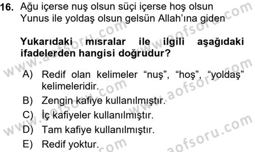 Halk Edebiyatına Giriş 1 Dersi Ara Sınavı Deneme Sınav Soruları 16. Soru