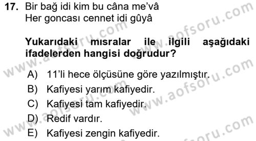 Halk Edebiyatına Giriş 1 Dersi Ara Sınavı Deneme Sınav Soruları 17. Soru