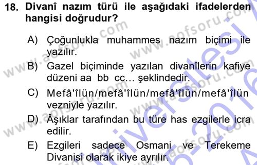 Halk Edebiyatına Giriş 1 Dersi Ara Sınavı Deneme Sınav Soruları 18. Soru