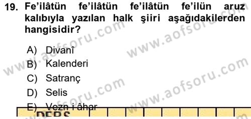 Halk Edebiyatına Giriş 1 Dersi Ara Sınavı Deneme Sınav Soruları 19. Soru