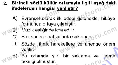 Halk Edebiyatına Giriş 1 Dersi Ara Sınavı Deneme Sınav Soruları 2. Soru