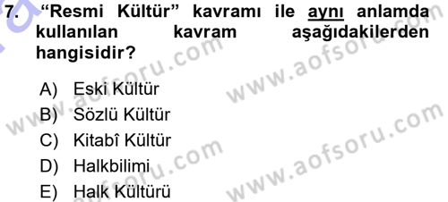 Halk Edebiyatına Giriş 1 Dersi 2015 - 2016 Yılı (Vize) Ara Sınav Soruları 7. Soru