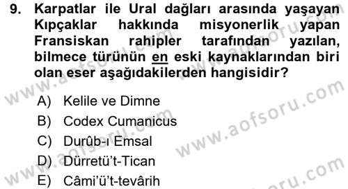 Halk Edebiyatına Giriş 1 Dersi Ara Sınavı Deneme Sınav Soruları 9. Soru
