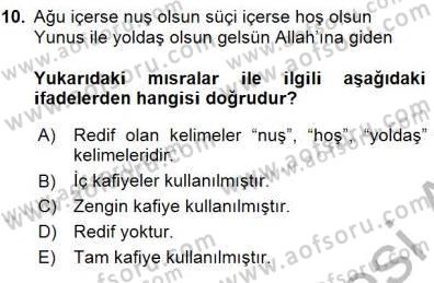 Halk Edebiyatına Giriş 1 Dersi 2015 - 2016 Yılı (Final) Dönem Sonu Sınav Soruları 10. Soru