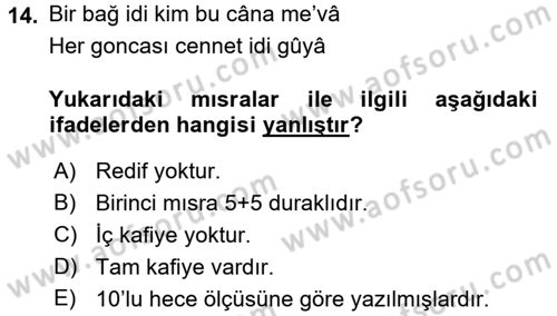 Halk Edebiyatına Giriş 1 Dersi Ara Sınavı Deneme Sınav Soruları 14. Soru