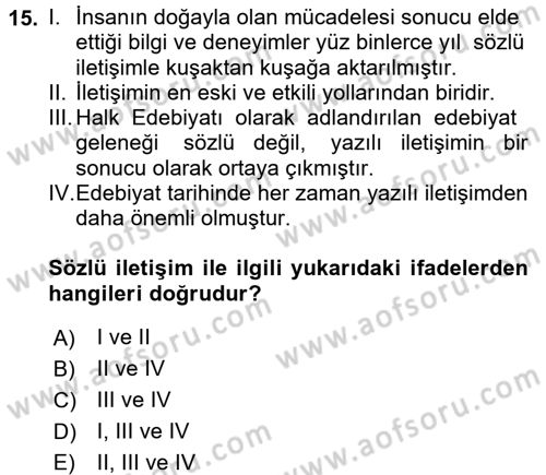 Halk Edebiyatına Giriş 1 Dersi Ara Sınavı Deneme Sınav Soruları 15. Soru