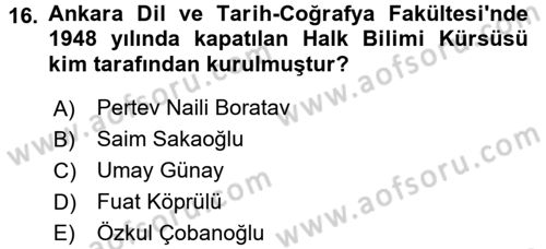 Halk Edebiyatına Giriş 1 Dersi Ara Sınavı Deneme Sınav Soruları 16. Soru