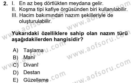 Halk Edebiyatına Giriş 1 Dersi Ara Sınavı Deneme Sınav Soruları 2. Soru